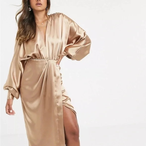 ASOS | Dresses | Asos Edition Extreme Sleeve Plunge Midi Dress In Satin Us  4 Uk 8 | Poshmark